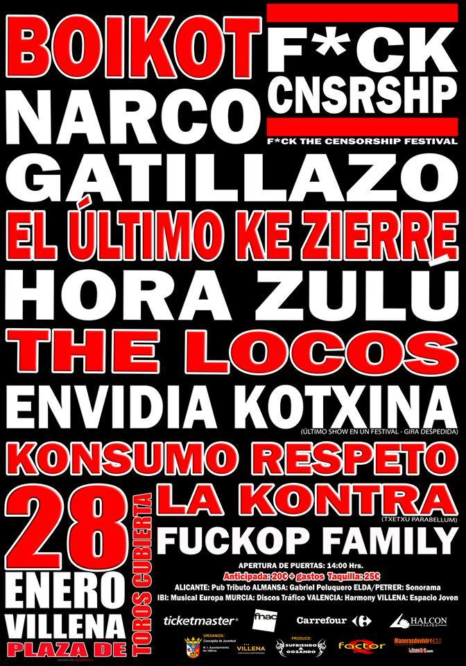 Fck The Censorship Festival Villena El f*ck the censorship festival se celebrará el 28 de enero en Villena (Alicante)