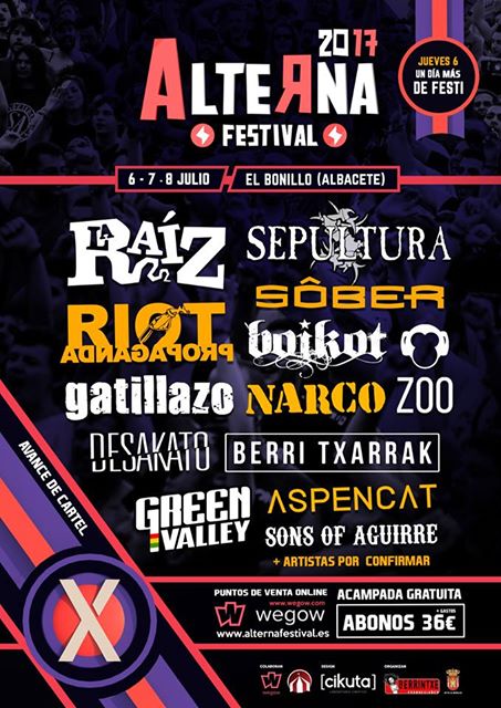 Alterna Festiva Sepultura confirmados para la X edición del Alterna Festival de El Bonillo (Albacete)