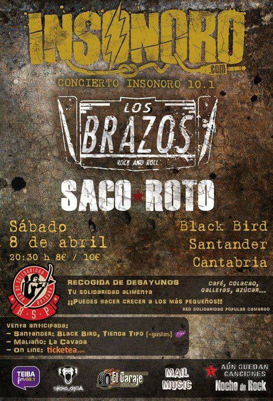Cartel del concierto Insonoro 10.1 con Los Brazos y Saco Roto hoy, 8 de abril, en Santander