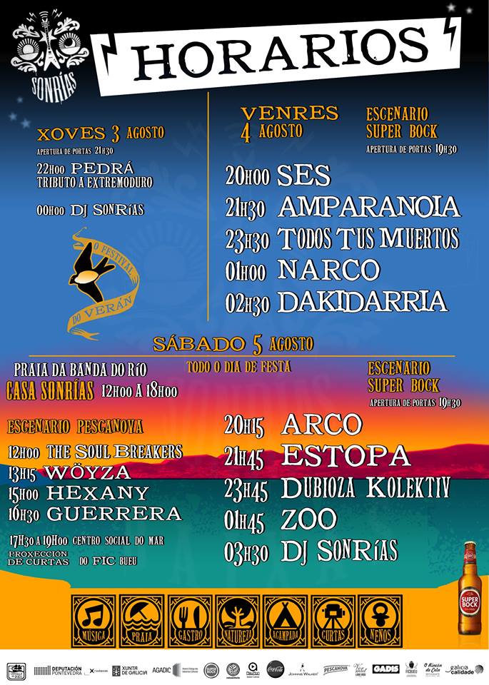 Horarios de las actuaciones del Festival Sonrías Baixas 2017 de Bueu, Galicia