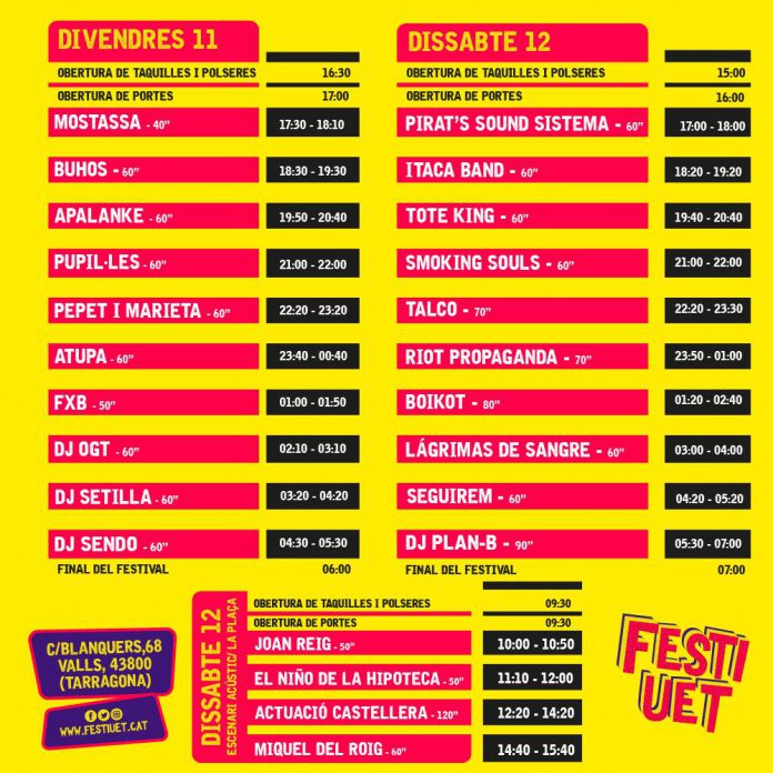 Festiuet Horarios de actuaciones del Festival Festiuet de Valls, Tarragona