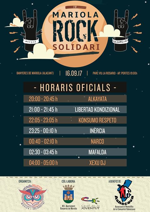 Horarios de actuaciones del festival Mariola Rock Solidari de Banyeres de Mariola, Alicante