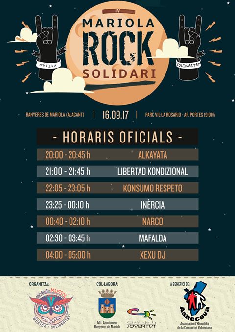 Mariola Rock Horarios de actuaciones del festival Mariola Rock Solidari de Banyeres de Mariola, Alicante