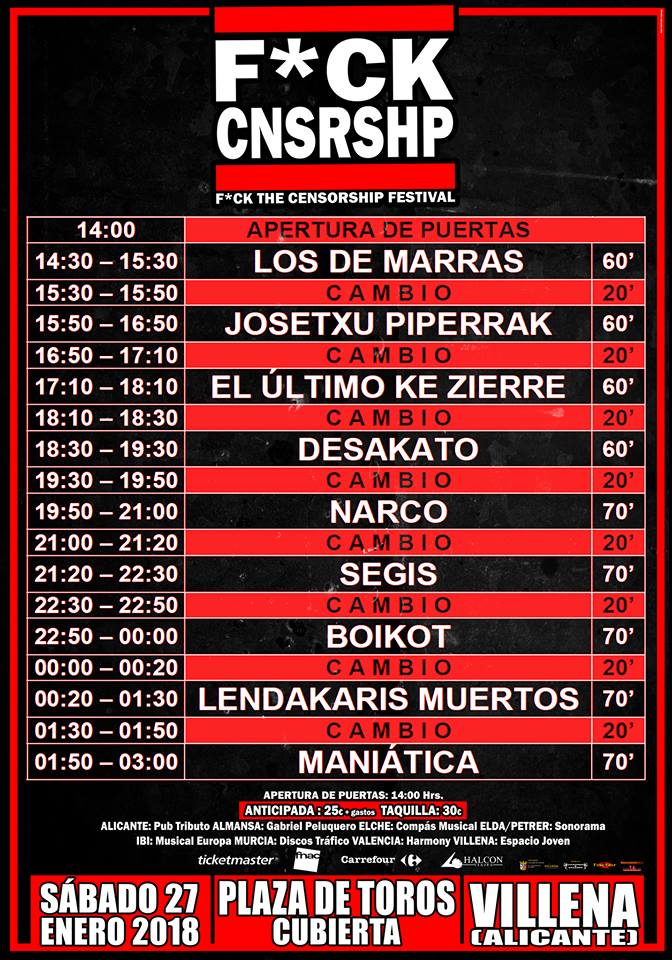 Fck Censorship Horarios definitivos del Fck Censorship Festival 2018 de Villena