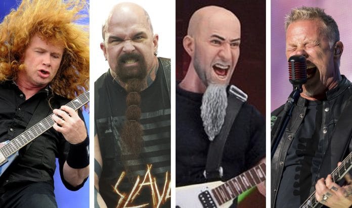 Megadeth, Slayer, Anthrax y Metallica. Fotos: Neca Toys, Gary Wolstenholme / Redferns. METALLICA, MEGADETH, SLAYER y ANTHRAX: Los cuatro grandes detrás de las cámaras (Video)