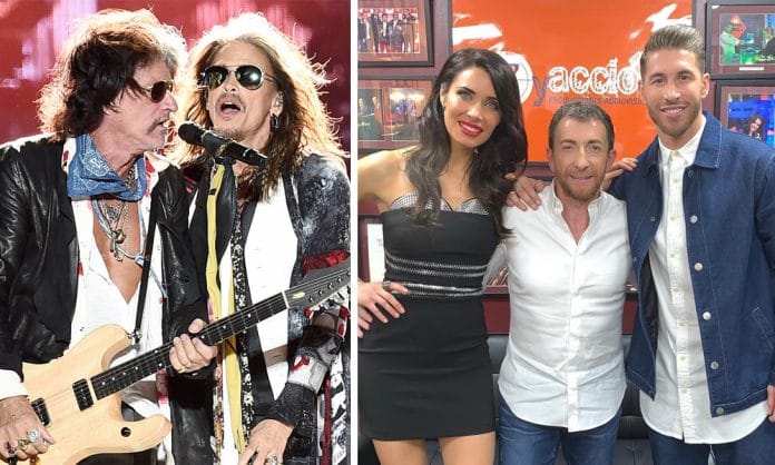 Aerosmith, Pilar Rubio, Pablo Motos y Sergio Ramos. Foto Aerosmith: Michael Loccisano, Getty Images. Foto El Hormiguero: Instagram