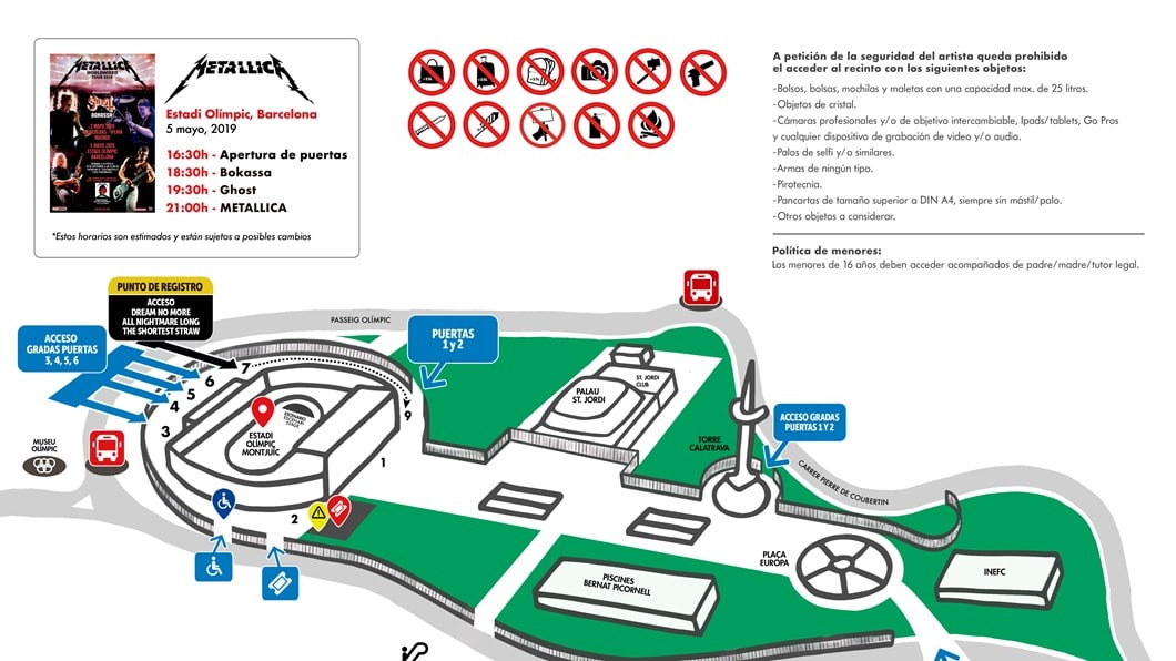 METALLICA en Barcelona: horarios, plano del recinto, objetos no permitidos y recomendaciones METALLICA en Barcelona: horarios, plano del recinto, objetos no permitidos y recomendaciones